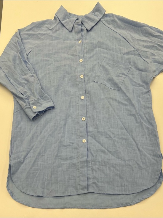 Tops - Blue Linen Drop Shoulder Tunic Button Down with Back Button Detail